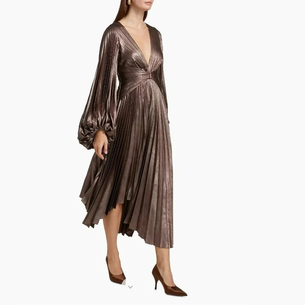 Acler Palms Pleated Satin Midi-Dress Coffee Metallic - Picture 3 of 6